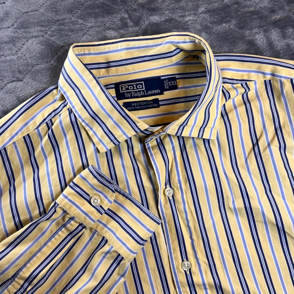 Polo Ralph Lauren Westerton Shirt Mens XXL Yellow Blue Stripe 100% Cotton